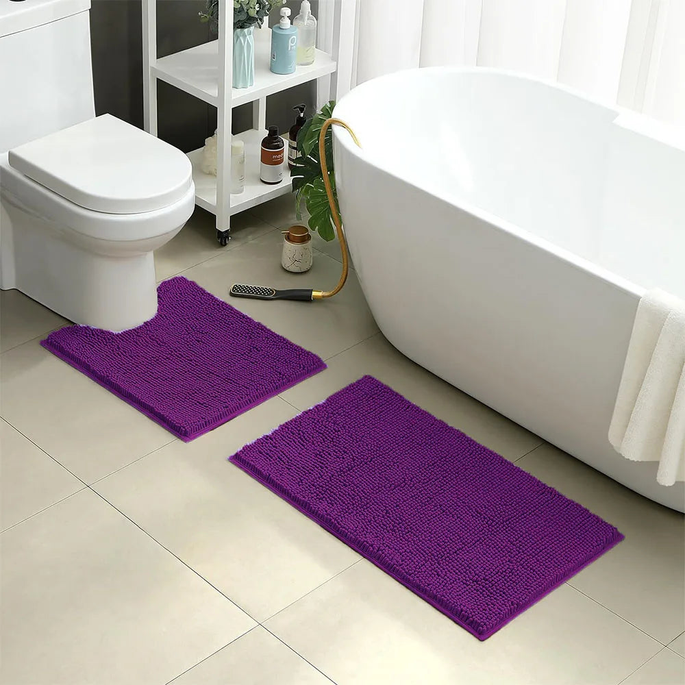 2 PCs Microfiber Anti Slip Commode Mat Set-Dark Purple Bath Mats Apricot   