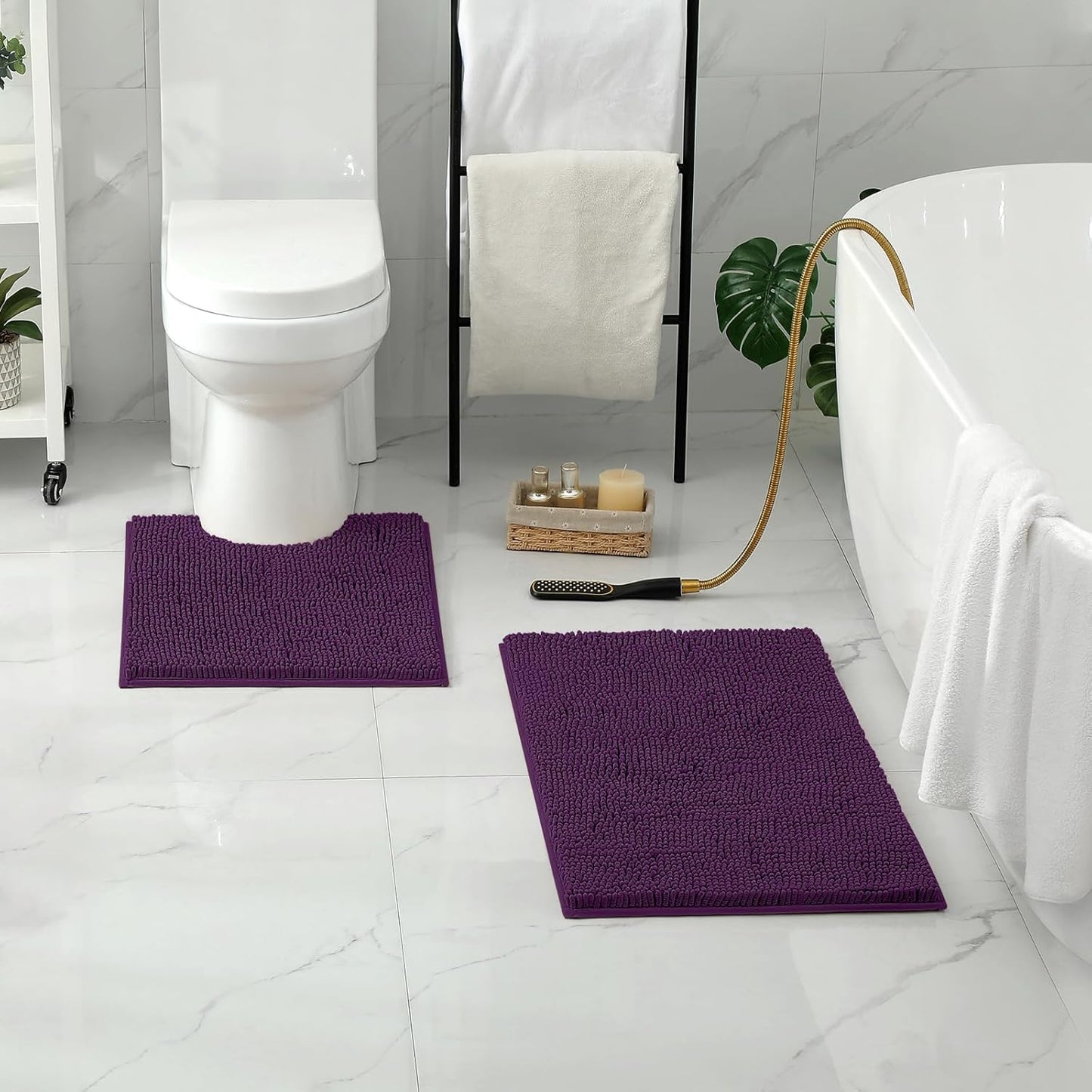 2 PCs Microfiber Anti Slip Commode Mat Set-Dark Purple Bath Mats Apricot   