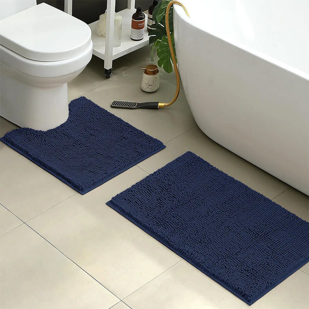 2 PCs Microfiber Anti Slip Commode Mat Set-14644Navy blue Bath Mats Apricot   