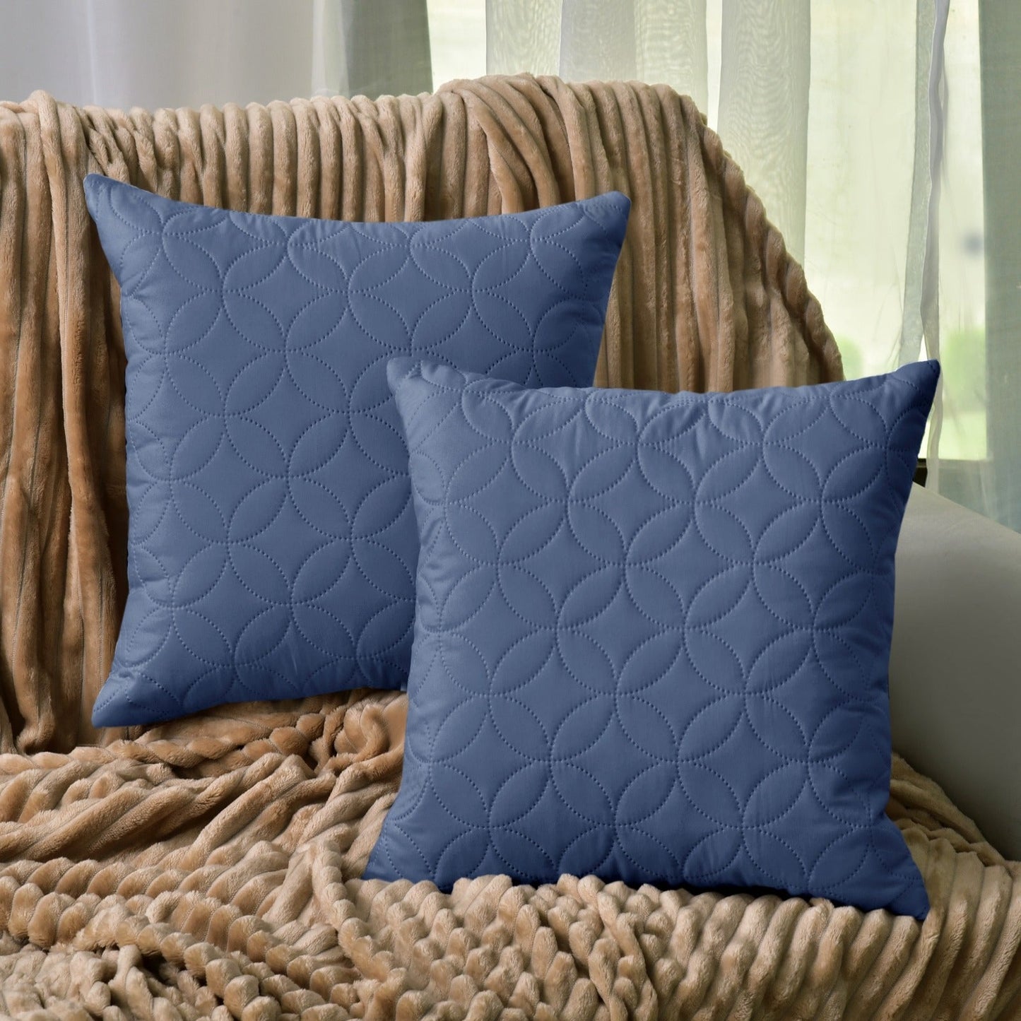 2 PCs Quilted Ultrasonic Cushions(5041)-Circles Mid Blue Chair, Floor & Bed cushion Apricot   