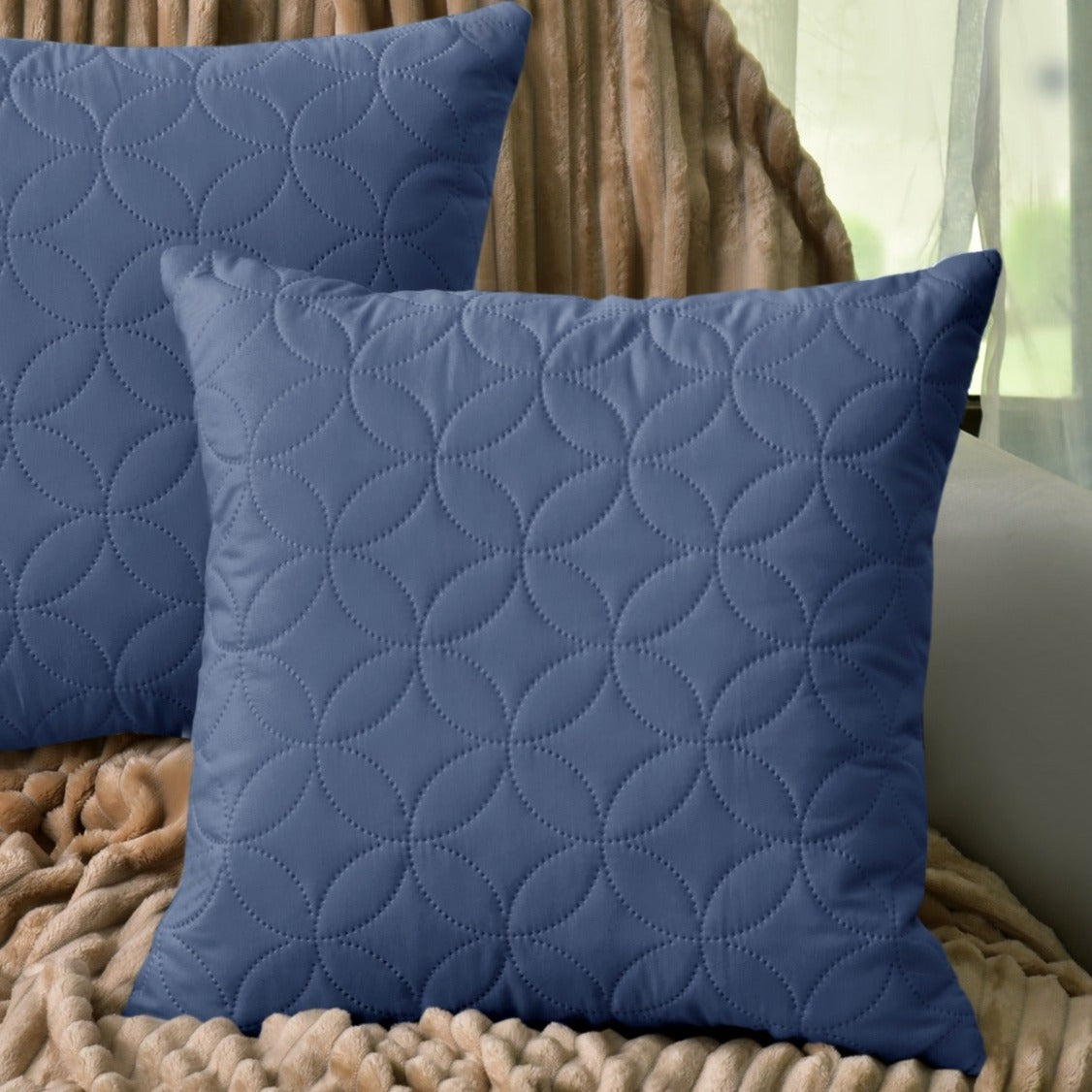 2 PCs Quilted Ultrasonic Cushions(5041)-Circles Mid Blue Chair, Floor & Bed cushion Apricot   