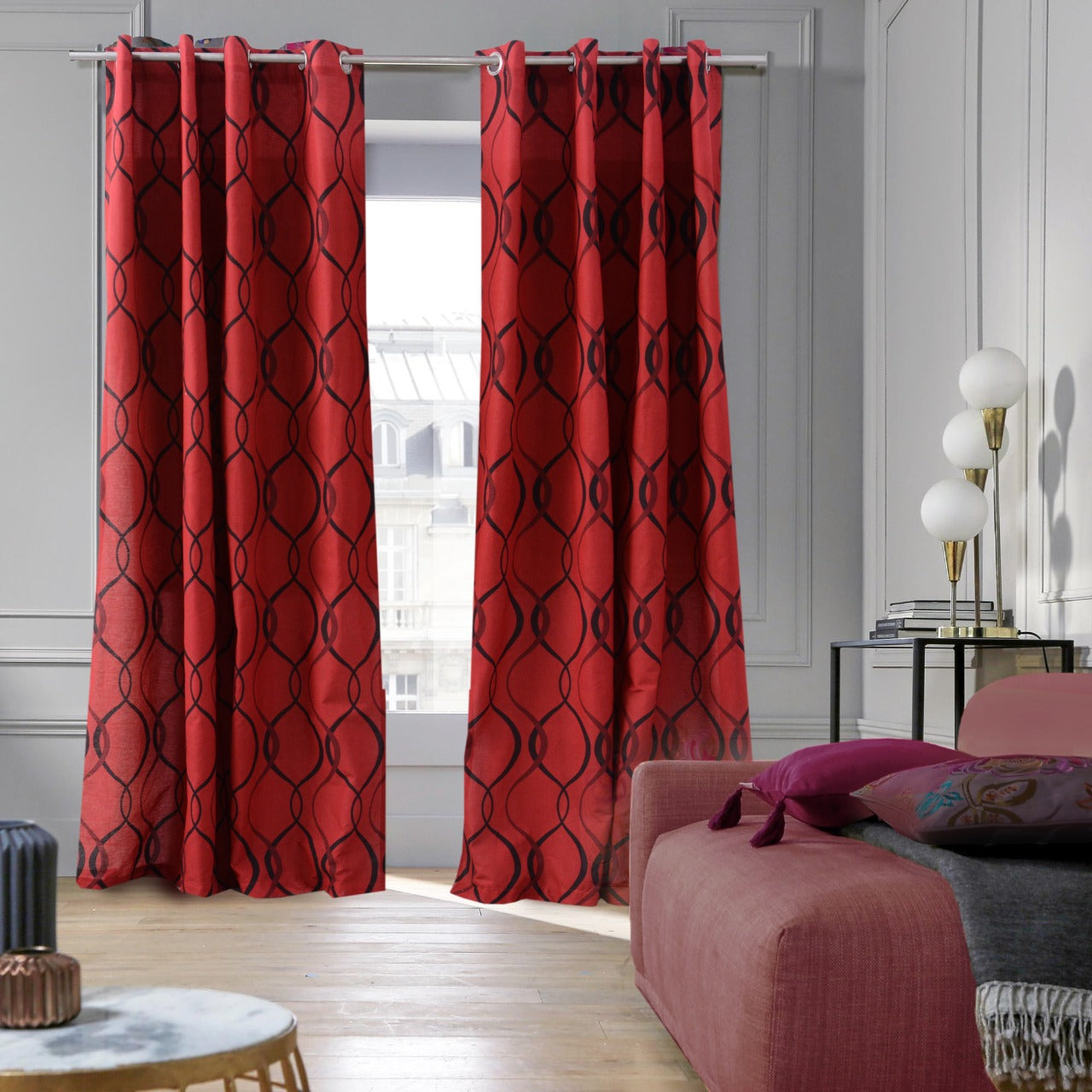 2 PCs Room Curtains-Maroon Geometric Curtains Apricot   