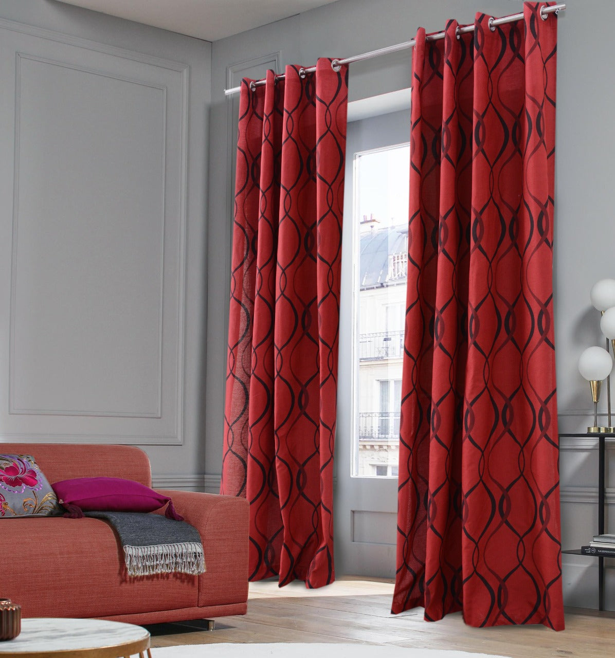 2 PCs Room Curtains-Maroon Geometric Curtains Apricot   