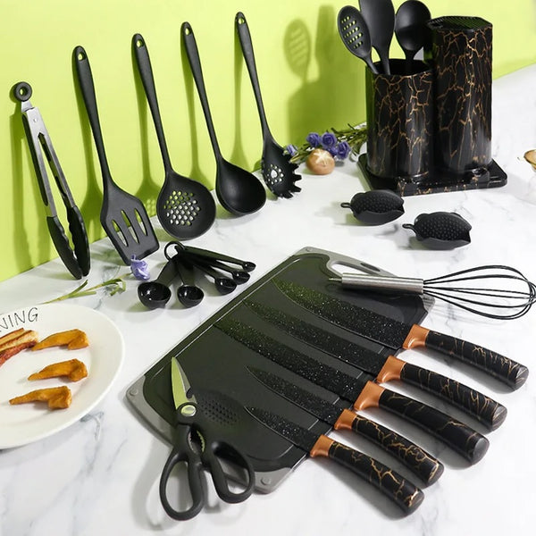 25 PCs Silicon Cooking & Knife Set With Board-Goldish