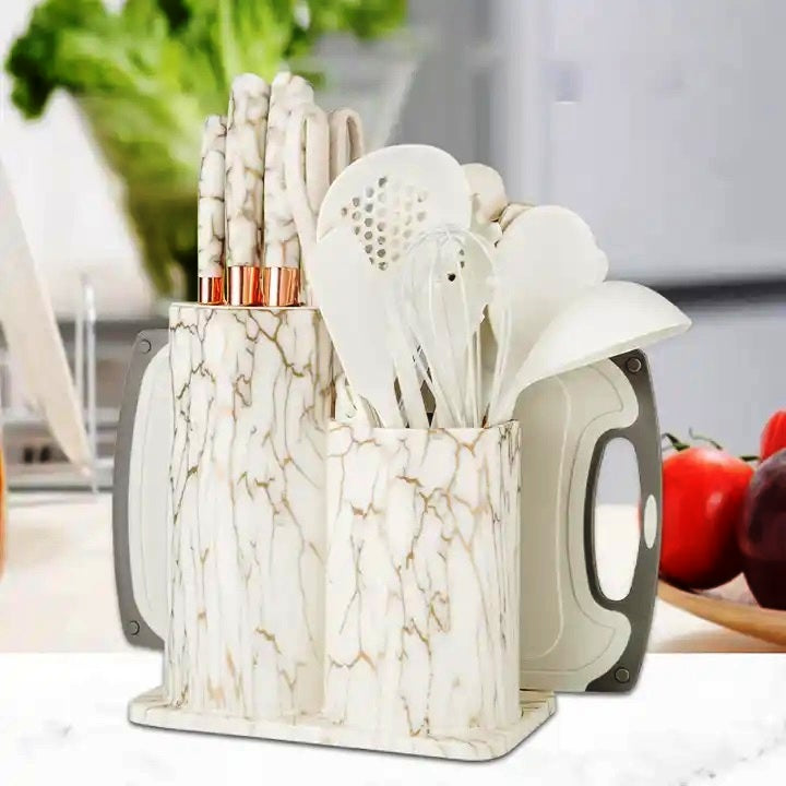 25 PCs Silicon Cooking & Knife Set With Board-White Marble