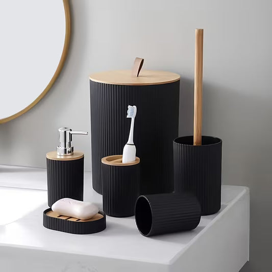 Wooden Lid PVC Bathroom Accessory Set-Stripes With Open Lid(Black)SA2512-02 Bathroom Accessory Sets Apricot