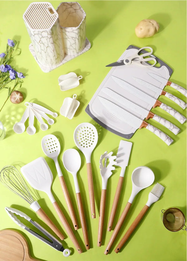 25 PCs Silicon Cooking & Knife Set With Board-White Marble