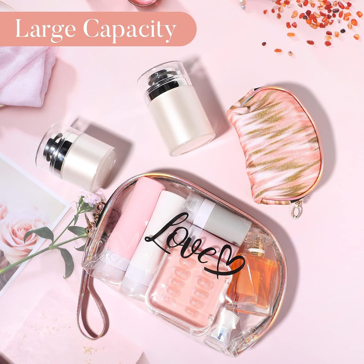 2PCs Portable Makeup Organizer Bag-LOVE(SA2405-125) Cosmetic Organizer Apricot   