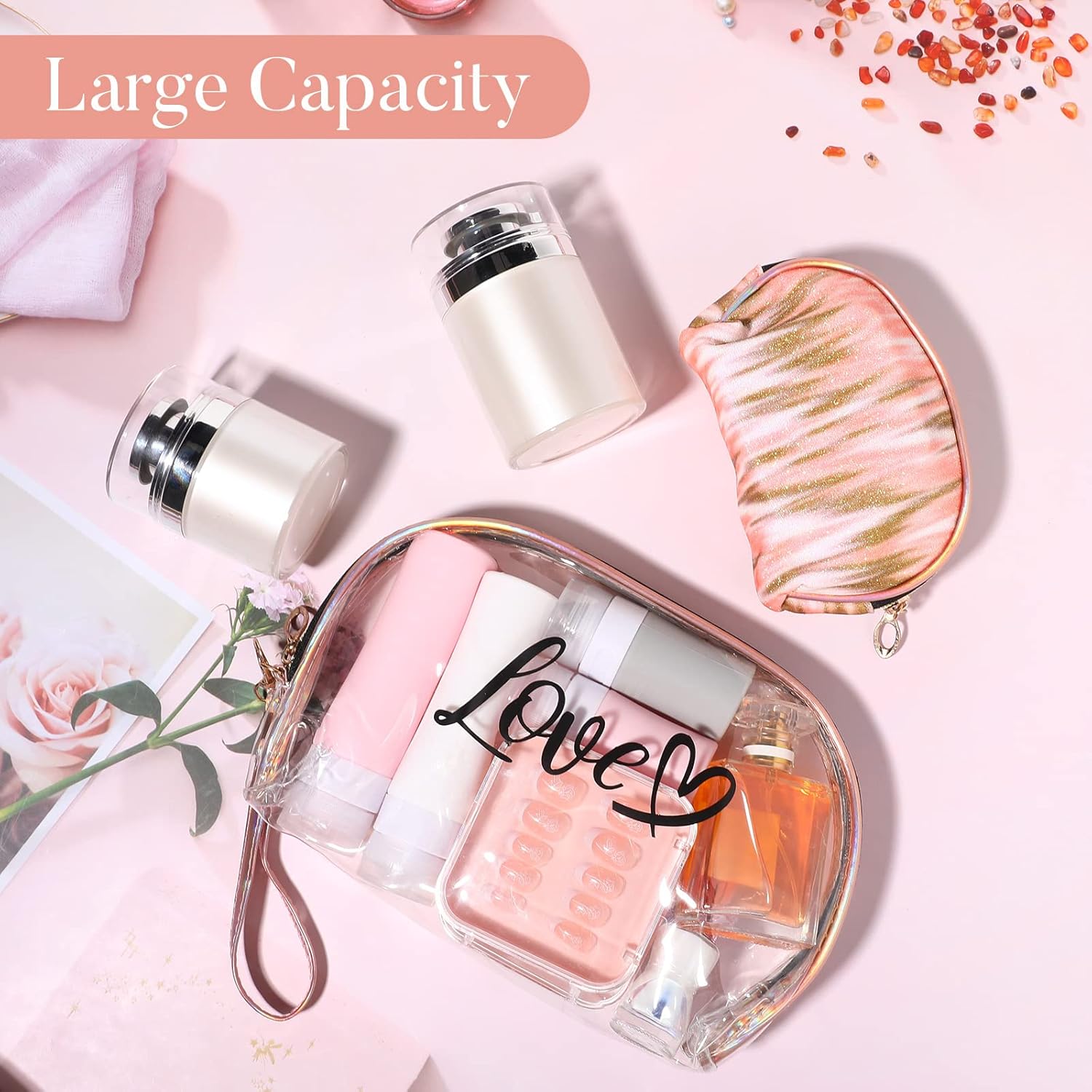 2PCs Portable Makeup Organizer Bag-LOVE(SA2405-125) Cosmetic Organizer Apricot   