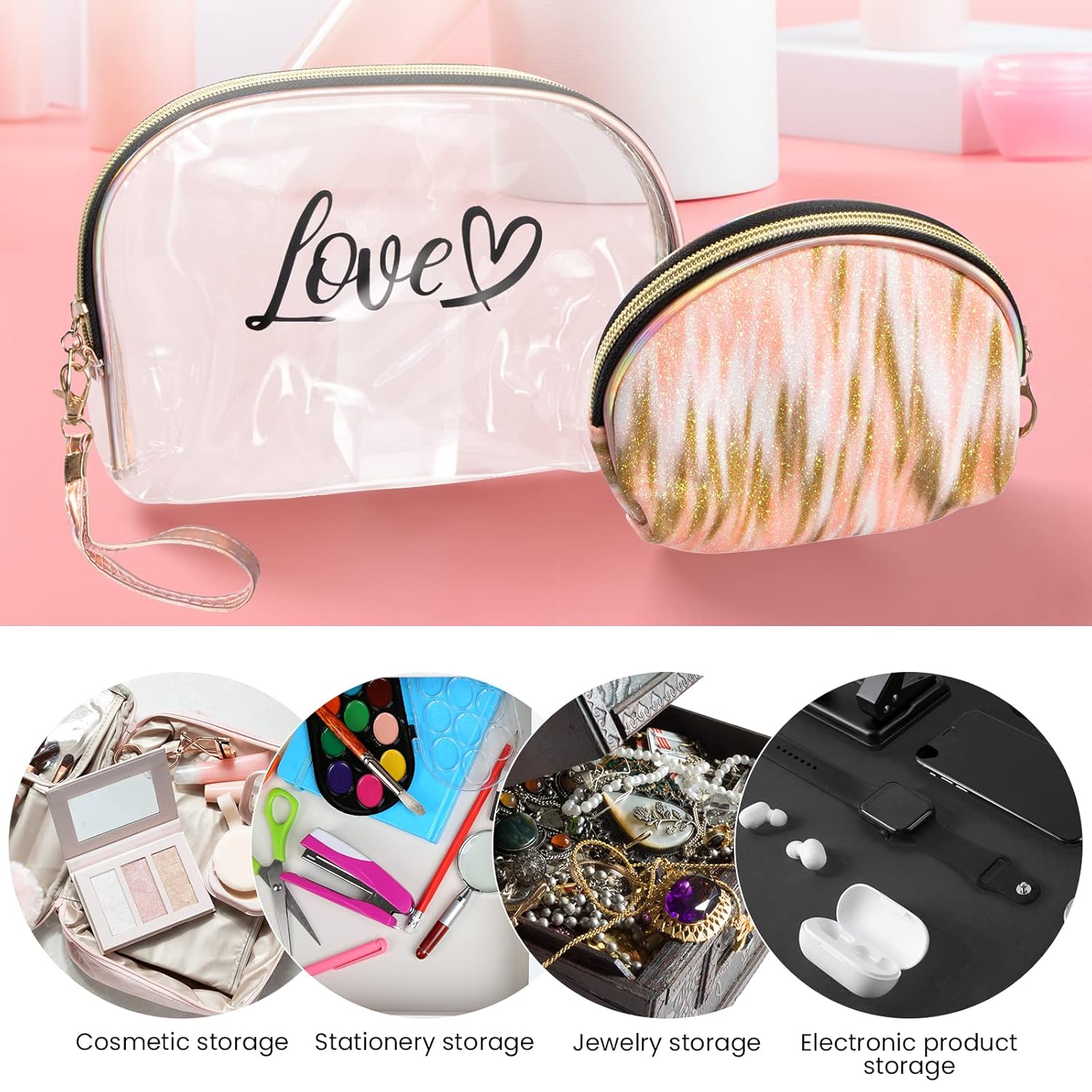 2PCs Portable Makeup Organizer Bag-LOVE(SA2405-125) Cosmetic Organizer Apricot   