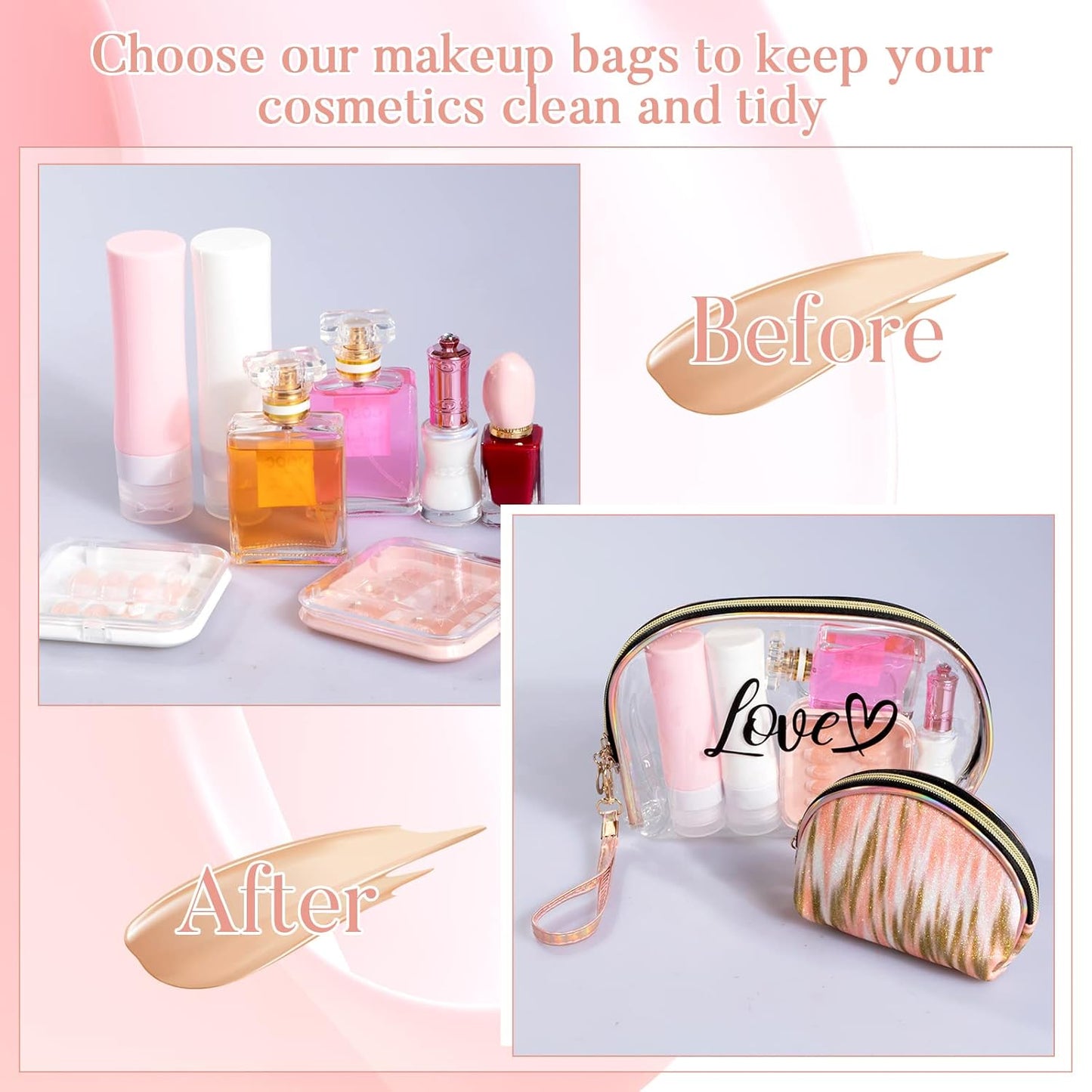 2PCs Portable Makeup Organizer Bag-LOVE(SA2405-125) Cosmetic Organizer Apricot   