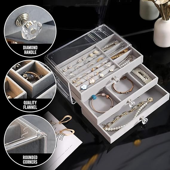 3 Drawer Transparent Jewelry Box-14372Grey(SA2405-37)  Apricot   