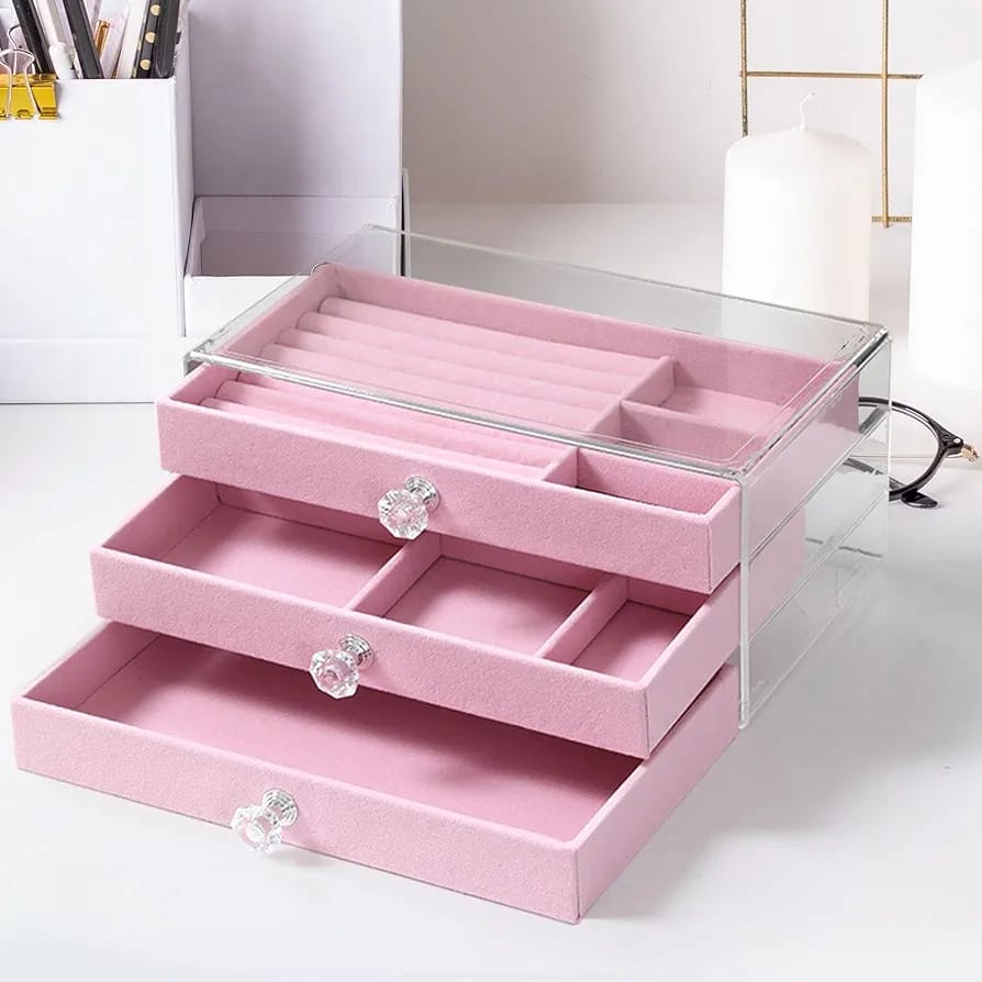 3 Drawer Transparent Jewelry Box-Pink(SA2405-39)  Apricot   