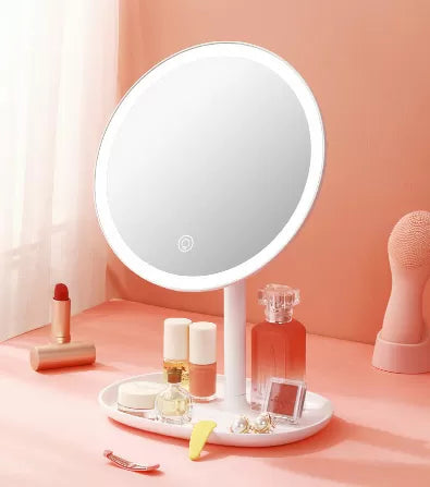 3 Modes LED Makeup Mirror with Storage Base-(5510)White(SA2405-161) Cosmetic Organizer Apricot   