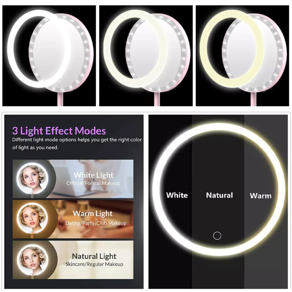 3 Modes LED Makeup Mirror with Storage Base-Pink(SA2405-161) Cosmetic Organizer Apricot   