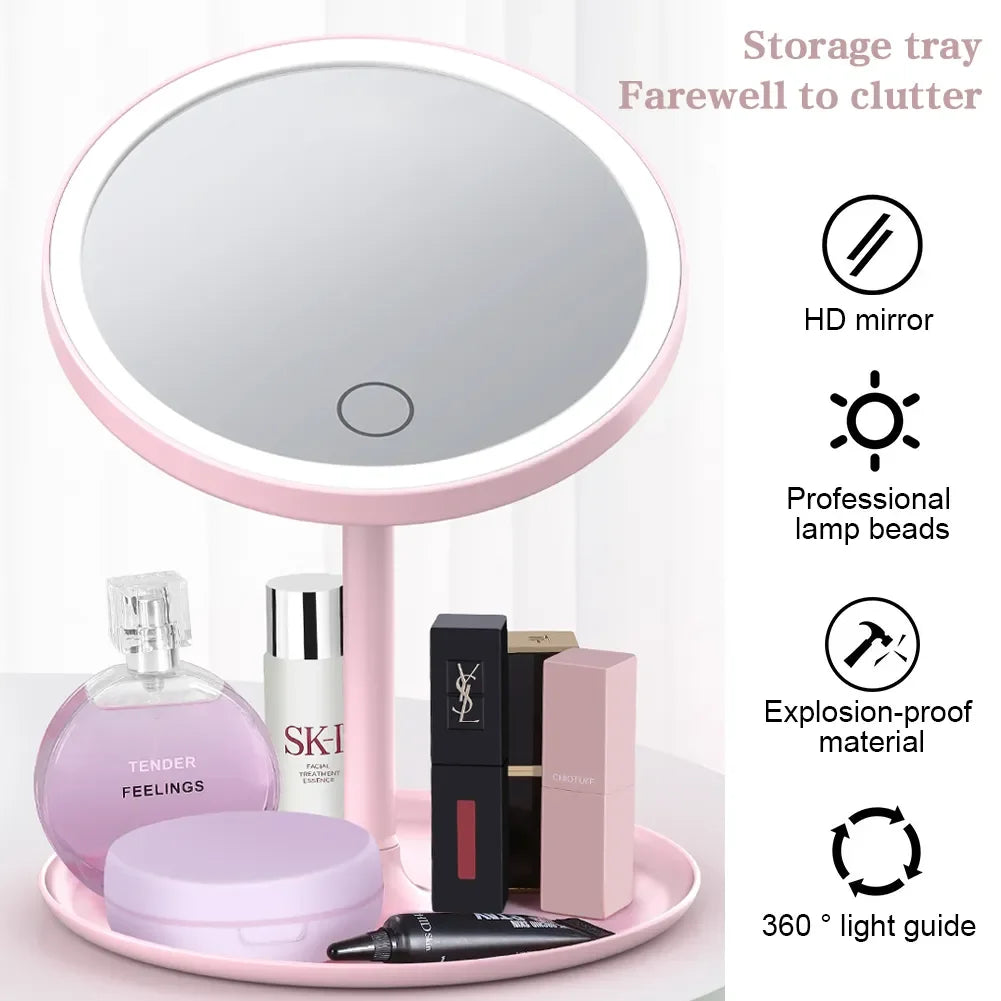 3 Modes LED Makeup Mirror with Storage Base-Pink(SA2405-161) Cosmetic Organizer Apricot   