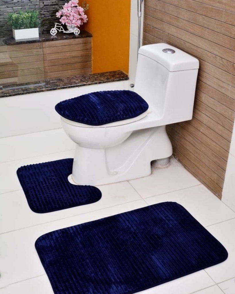 3 PCs Anti Skid Commode Mat Set(2430)-Navy Blue Apricot