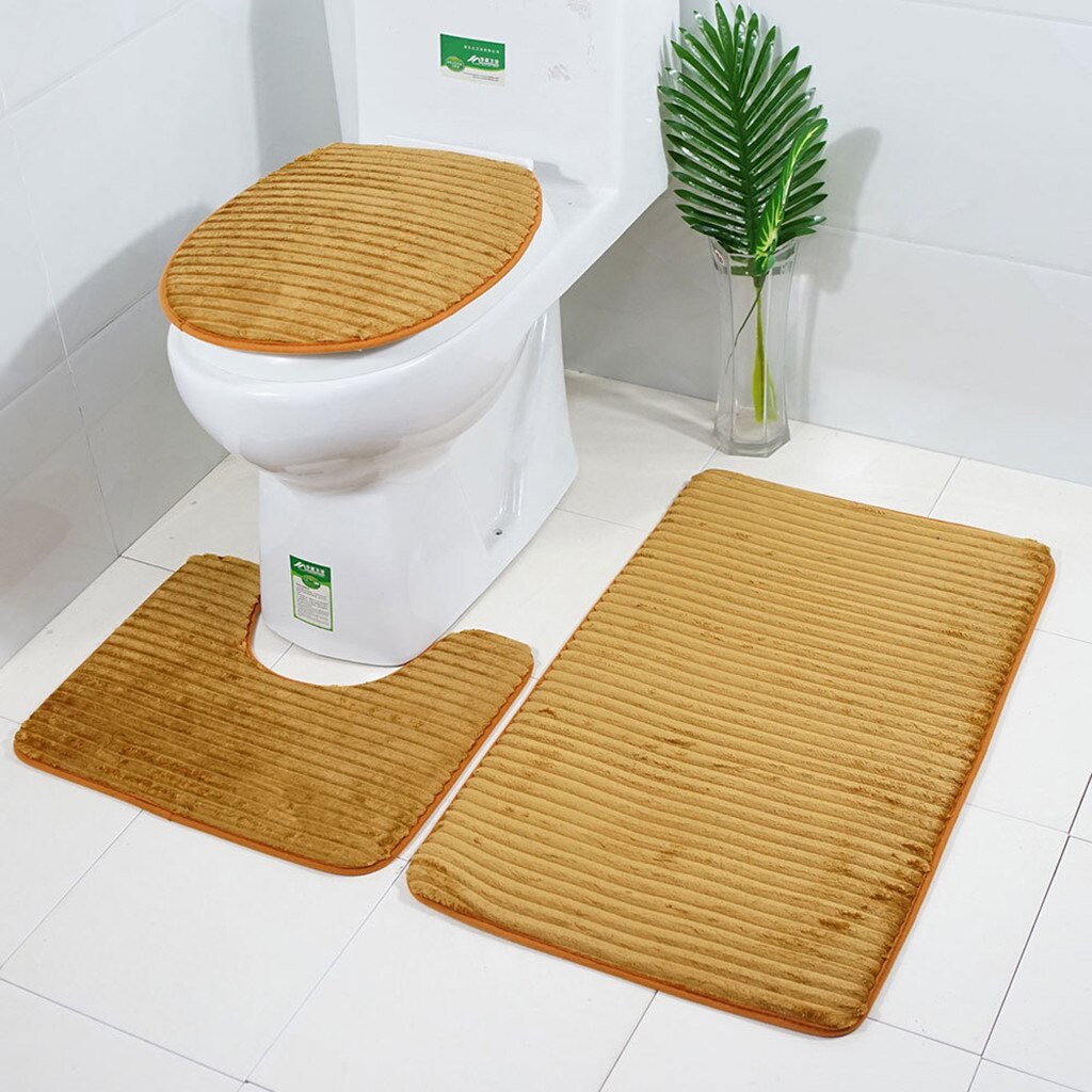 3 PCs Anti Skid Commode Mat Set(3039)-Khaki Lines Apricot