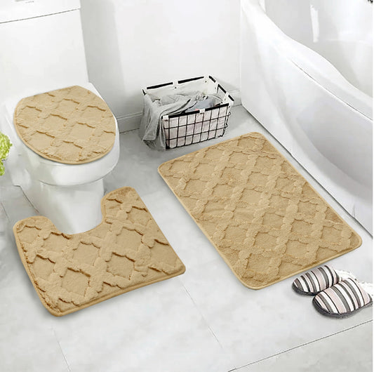 3 PCs Anti Skid Commode Mat Set(328)-Zig Zag Biege Bath Mats Apricot   