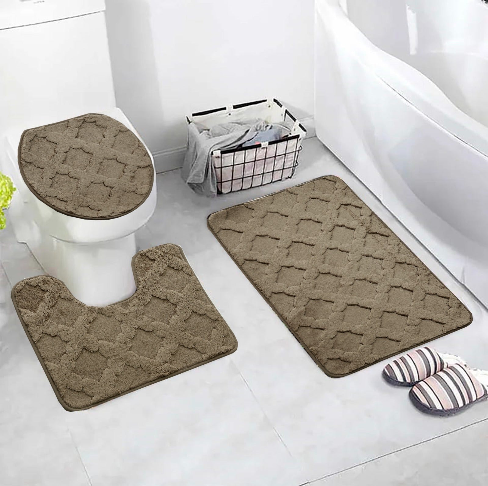 3 PCs Anti Skid Commode Mat Set(328)-Zig Zag Dark Brown Bath Mats Apricot   