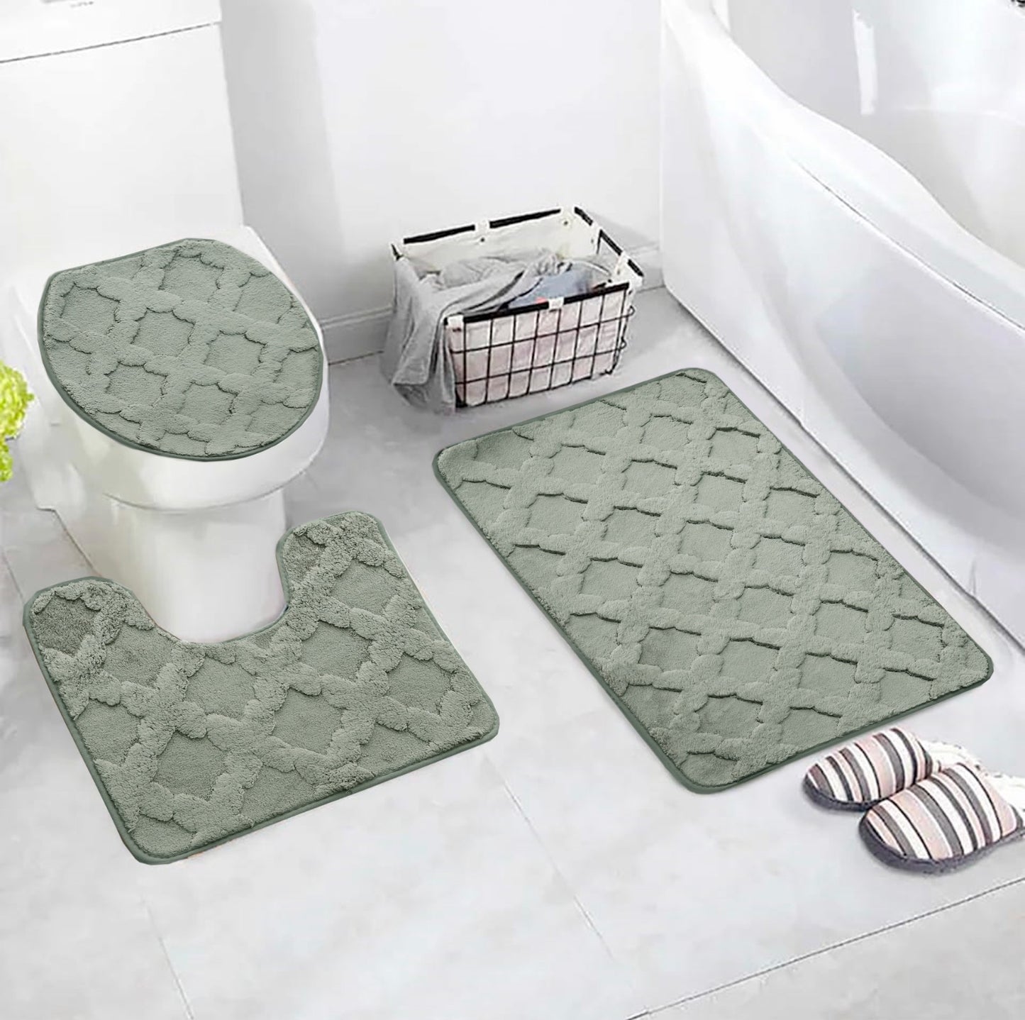 3 PCs Anti Skid Commode Mat Set(328)-Zig Zag Grey Bath Mats Apricot   