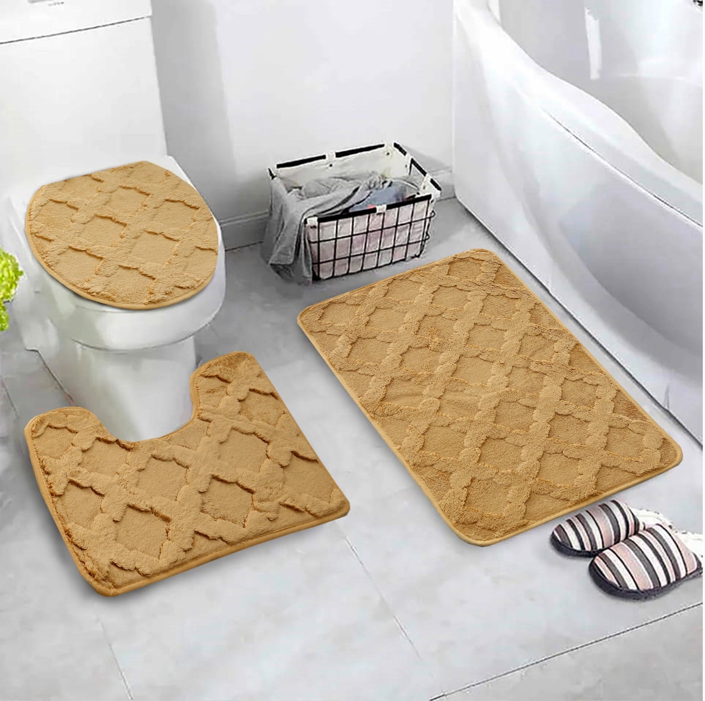 3 PCs Anti Skid Commode Mat Set(328)-Zig Zag Khakki Bath Mats Apricot   