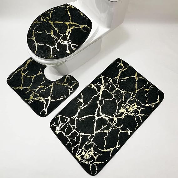 3 PCs Anti Skid Commode Mat Set(5415)-Black Marble Bath Mats Apricot   