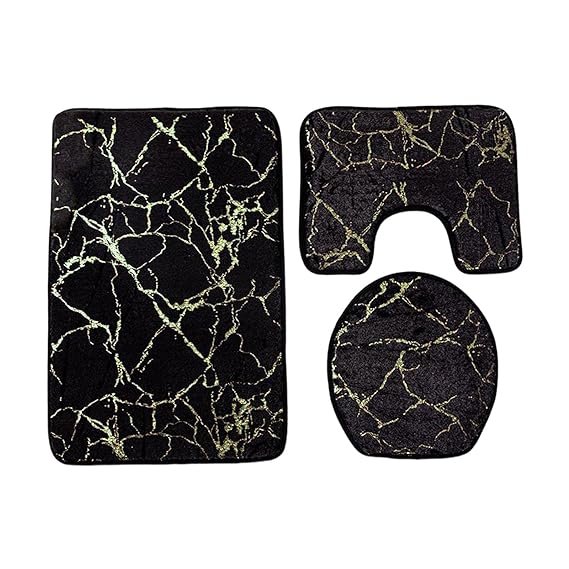 3 PCs Anti Skid Commode Mat Set(5415)-Black Marble Bath Mats Apricot   