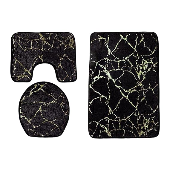 3 PCs Anti Skid Commode Mat Set(5415)-Black Marble Bath Mats Apricot   