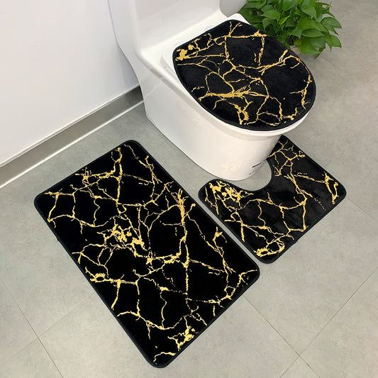 3 PCs Anti Skid Commode Mat Set(5415)-Black Marble Bath Mats Apricot   