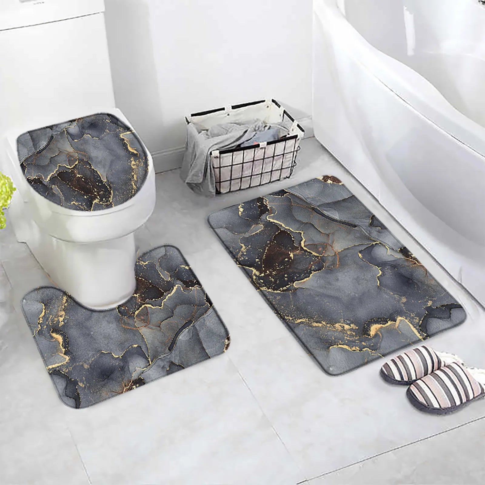 3 PCs Anti Skid Commode Mat Set(5415)-Grey Marble Bath Mats Apricot   