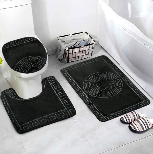 3 PCs Anti Skid Commode Mat Set-Black Versace Bath Mats Apricot   