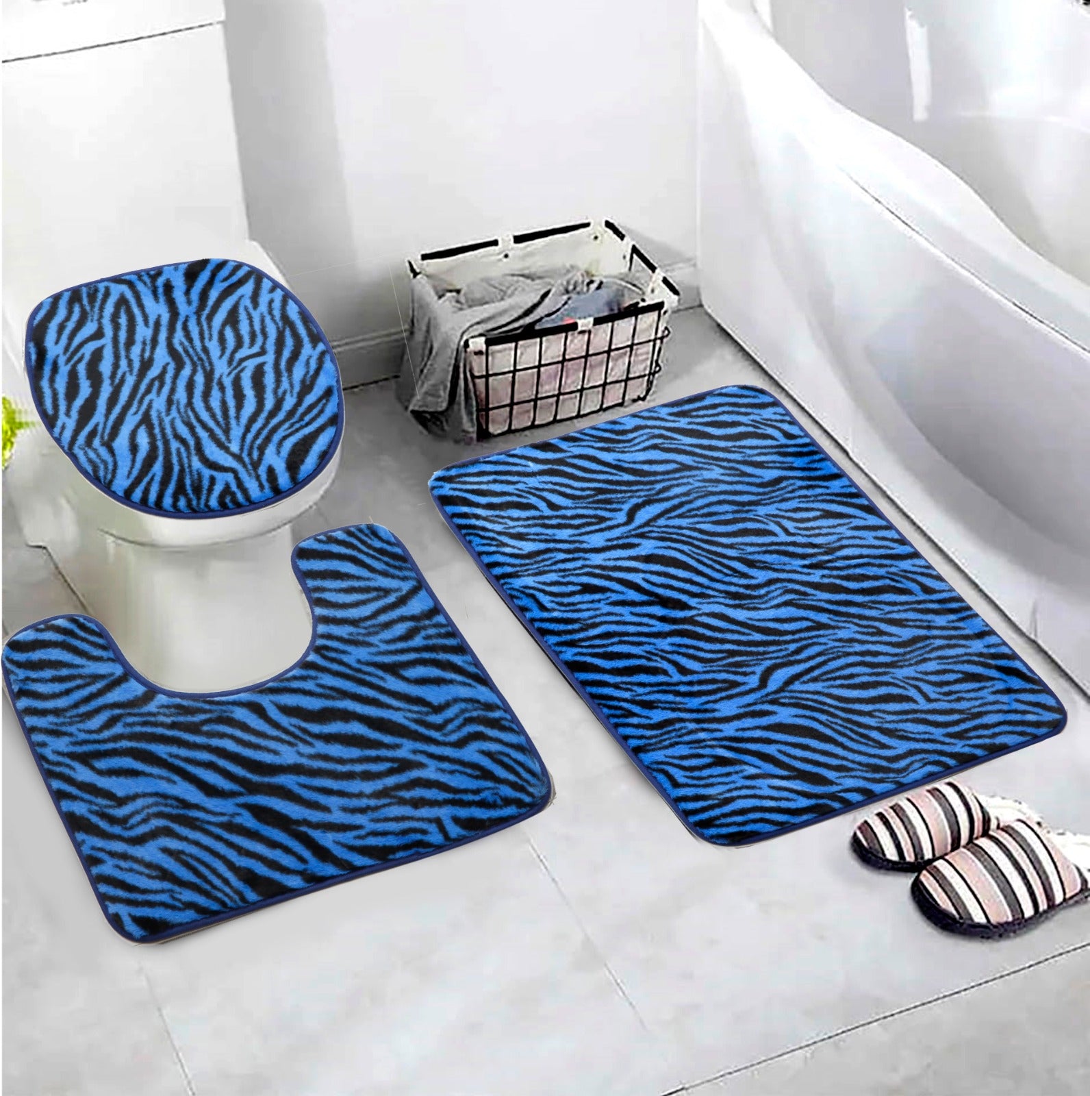 3 PCs Anti Skid Commode Mat Set-Blue Zebra Print Bath Mats Apricot   