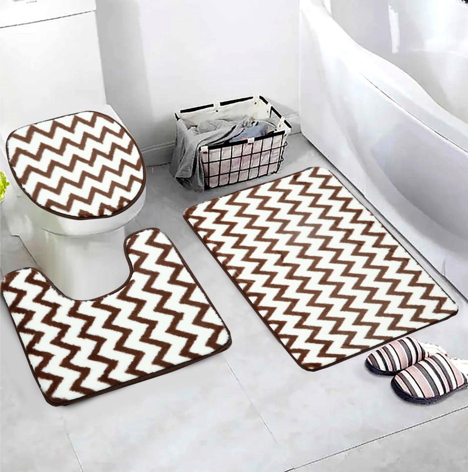 3 PCs Anti Skid Commode Mat Set-Brown Geometric Bath Mats Apricot   