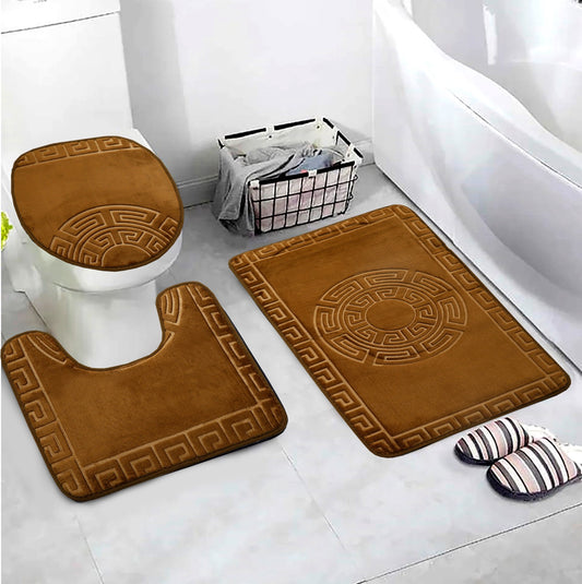 3 PCs Anti Skid Commode Mat Set-Brown Versace Bath Mats Apricot   