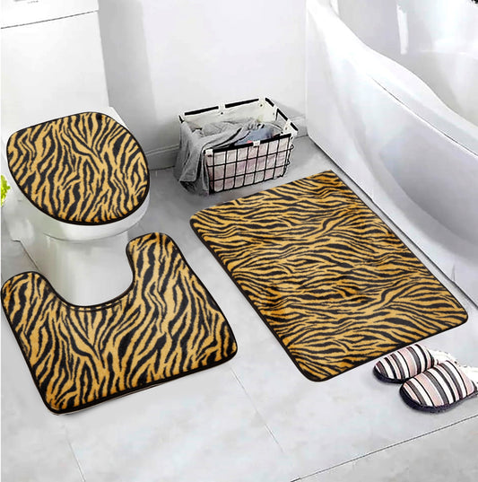 3 PCs Anti Skid Commode Mat Set-Brown Zebra Print Bath Mats Apricot   