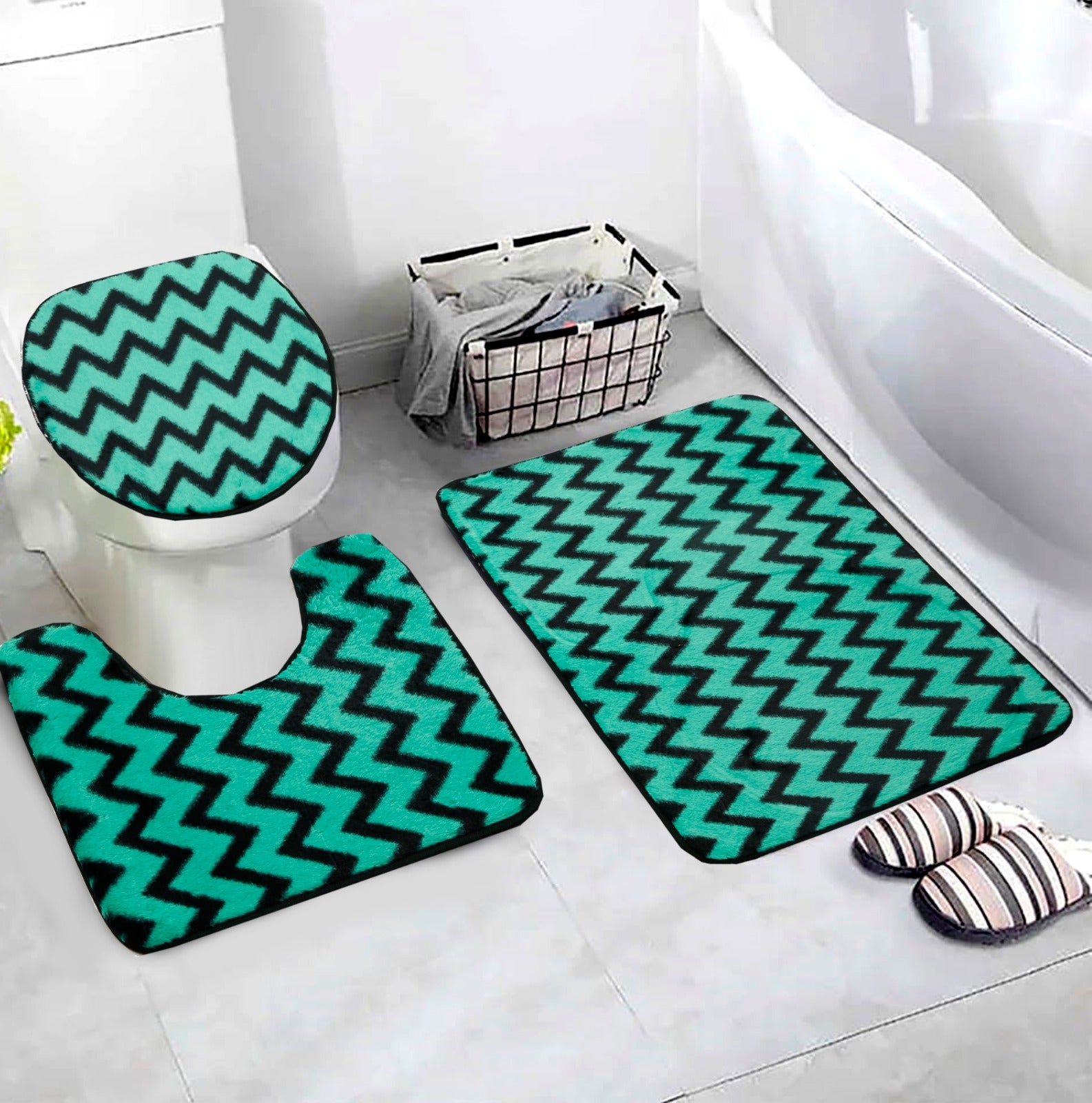 3 PCs Anti Skid Commode Mat Set-Green Geometric Bath Mats Apricot   