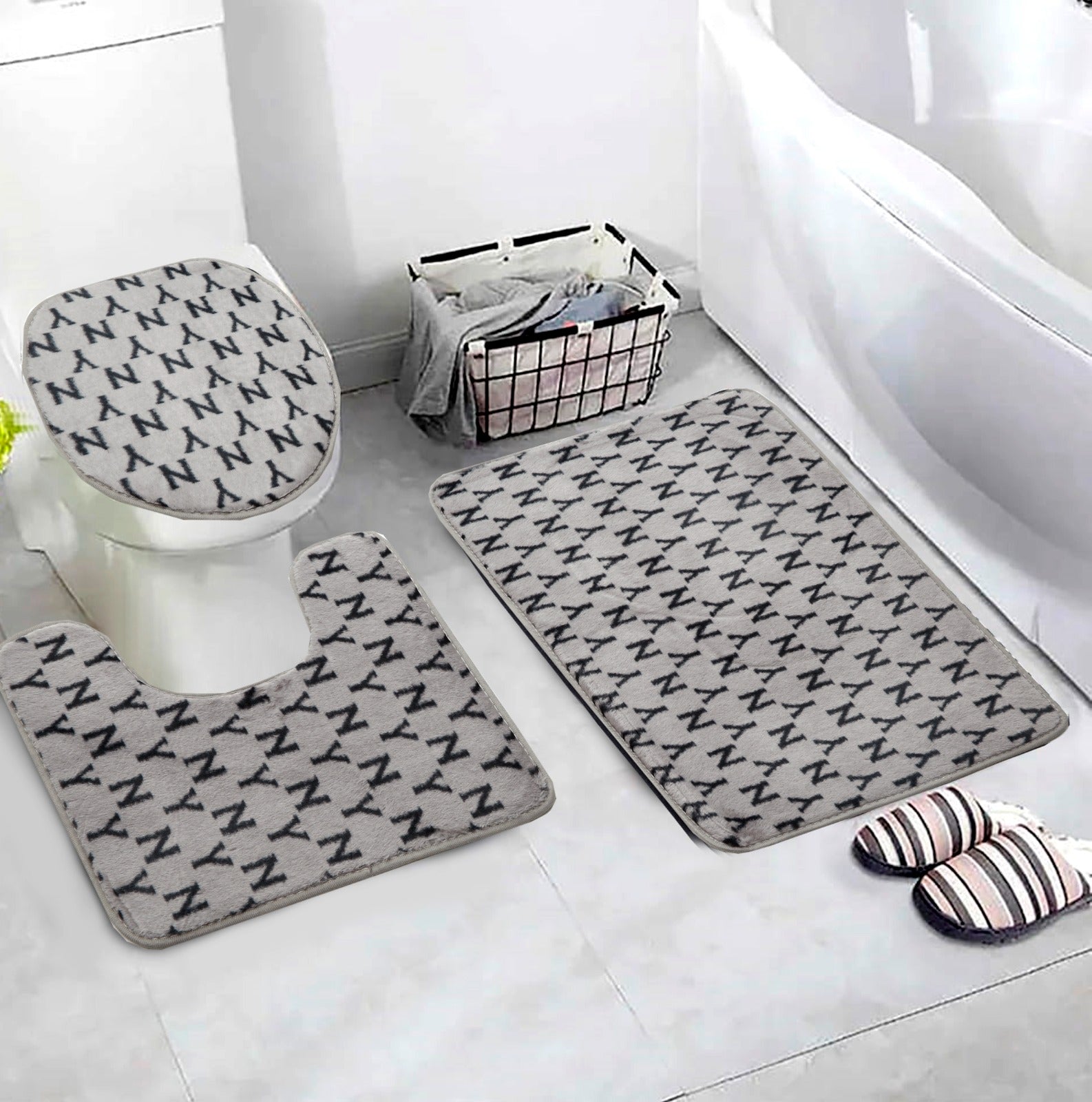 3 PCs Anti Skid Commode Mat Set-Grey Alphabets Bath Mats Apricot   