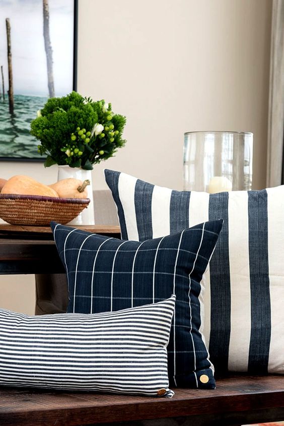 3 PCs Digital Printed Cotton Cushions-Blue Stripes cushions Apricot   