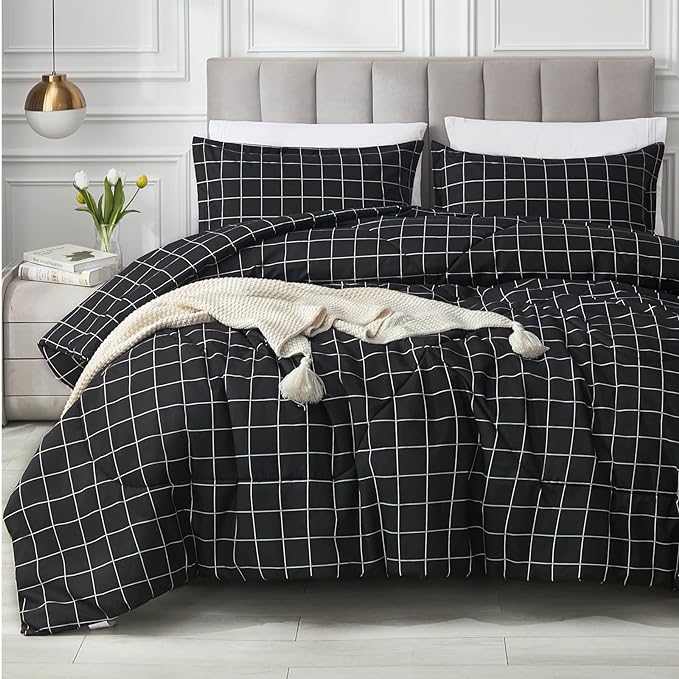 3 PCs Double Bed Sheet -Black Check Bed Sheets Apricot   