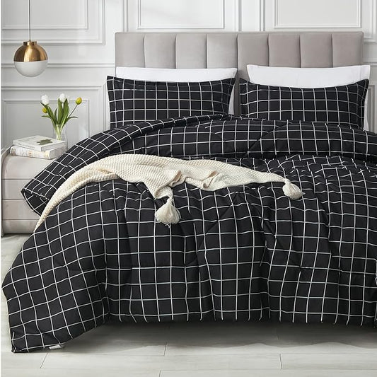 3 PCs Double Bed Sheet -Black Check Bed Sheets Apricot   