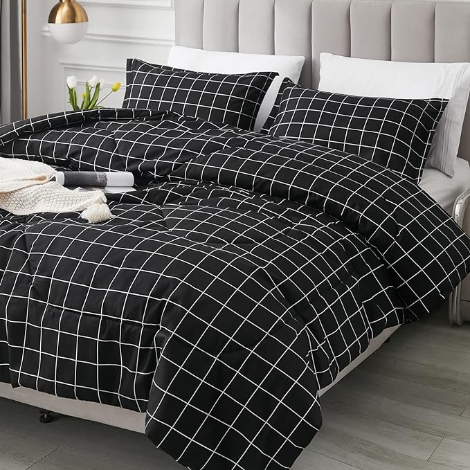 3 PCs Double Bed Sheet -Black Check Bed Sheets Apricot   