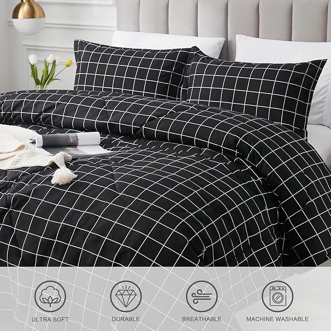 3 PCs Double Bed Sheet -Black Check Bed Sheets Apricot   