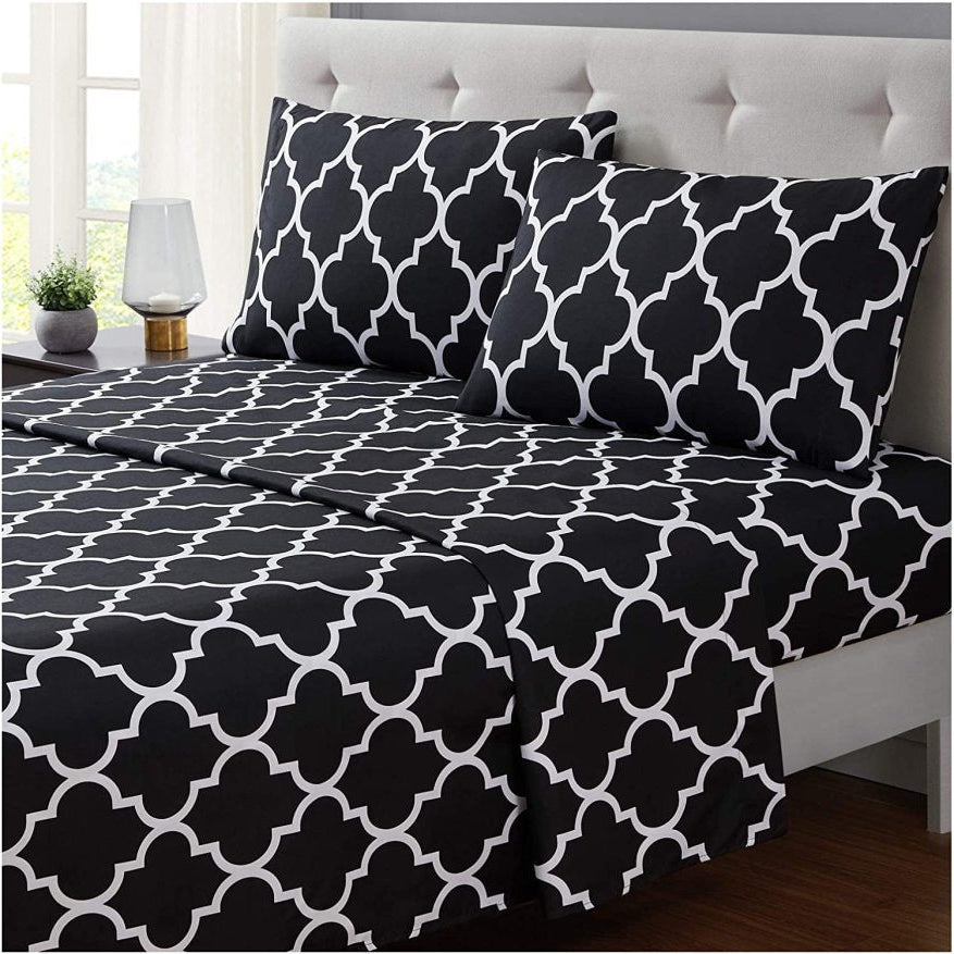 3 PCs Double Bed Sheet -Black Geometric Bed Sheets Apricot   