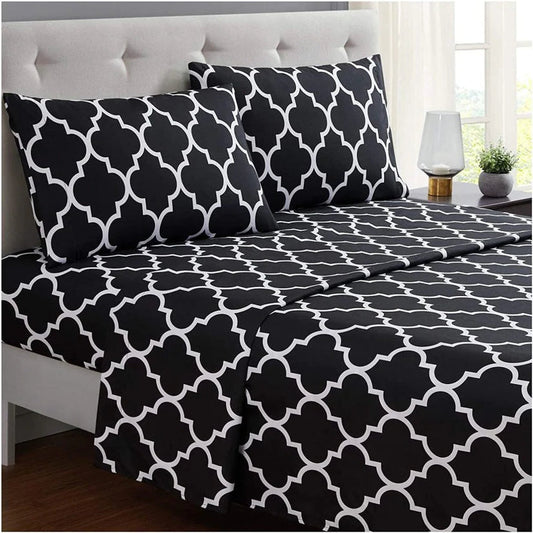 3 PCs Double Bed Sheet-Black Geometric Bed Sheets Apricot
