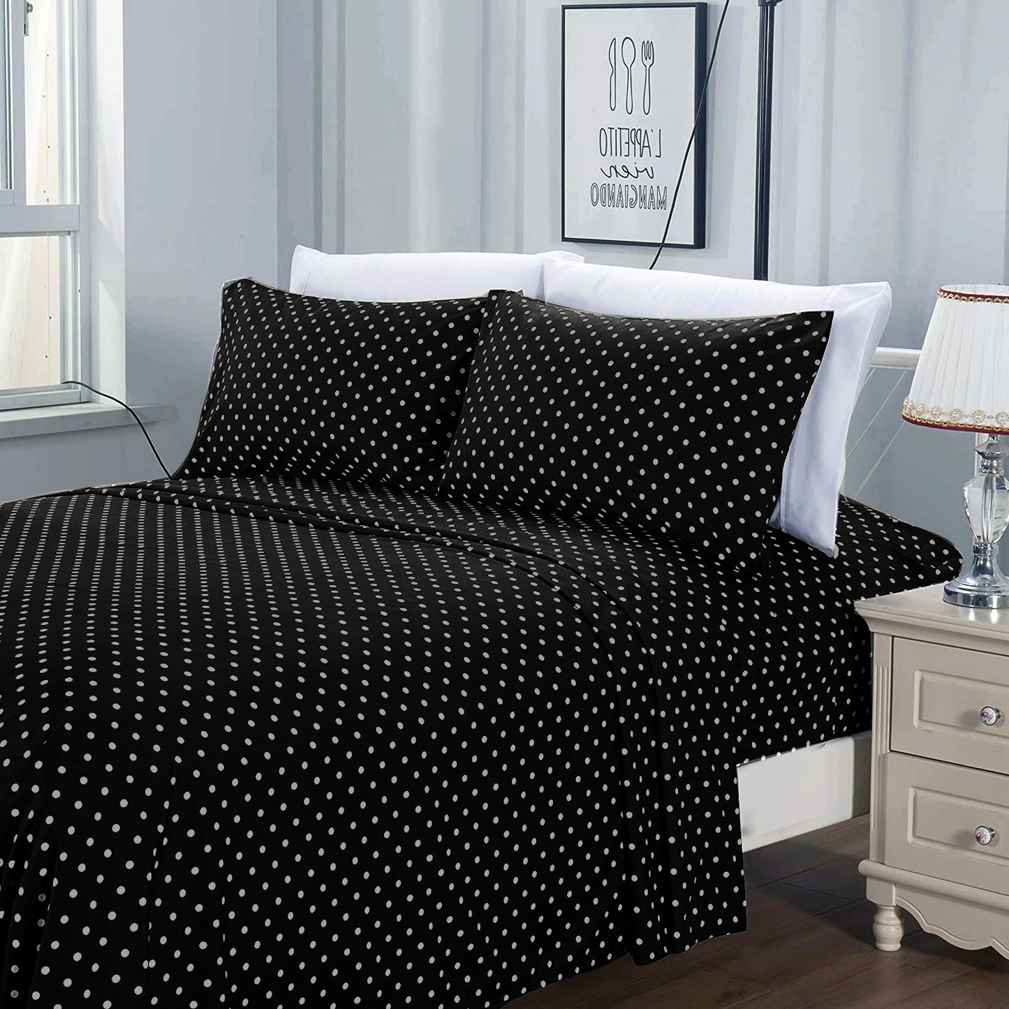 3 PCs Double Bed Sheet -Black Polka Bed Sheets Apricot   