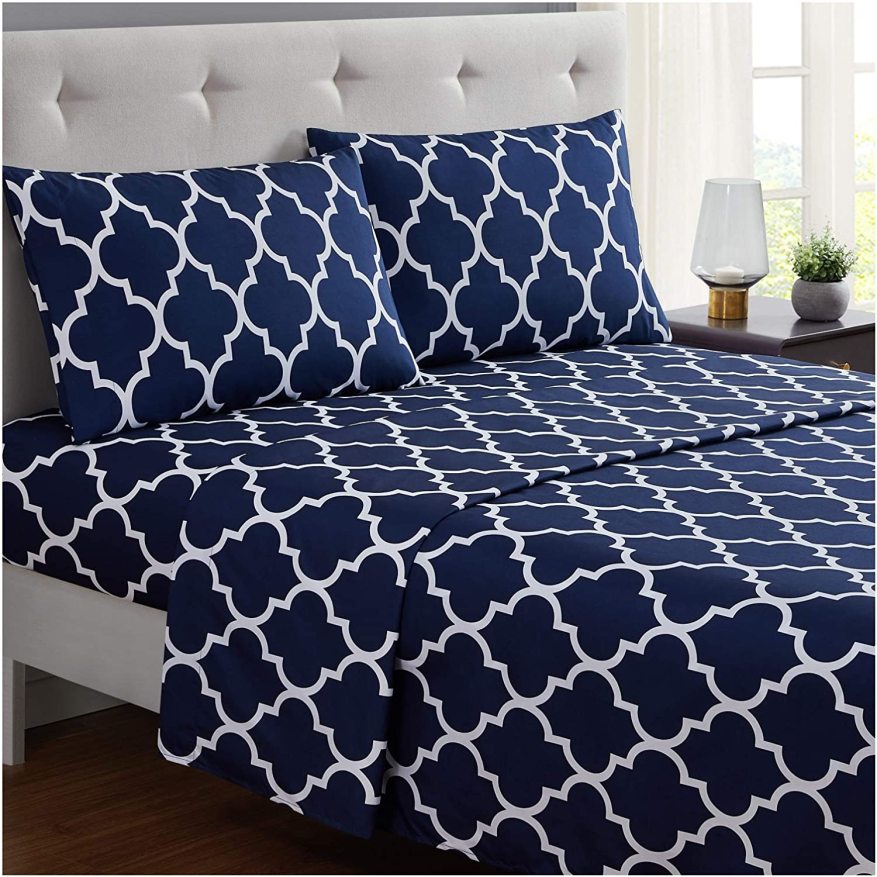 3 PCs Double Bed Sheet -Blue Geometric Bed Sheets Apricot   