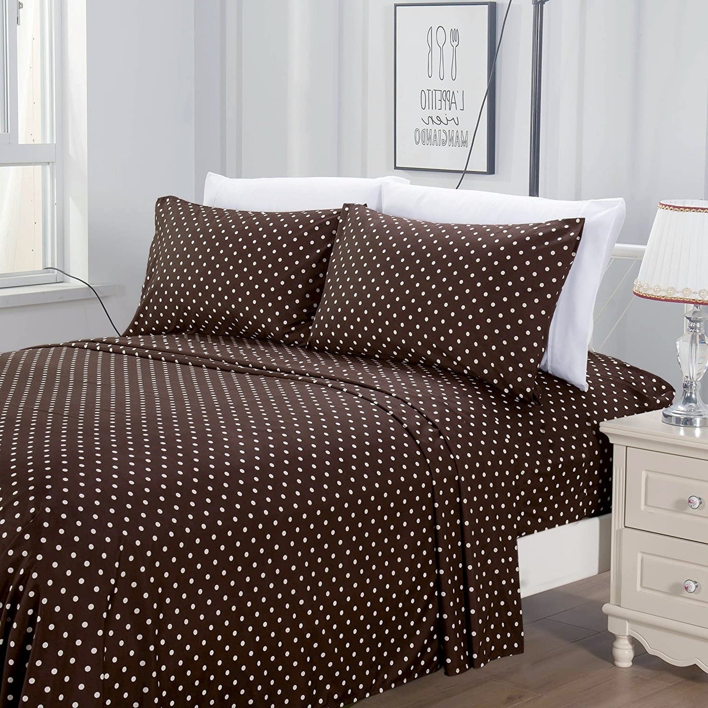 3 PCs Double Bed Sheet -Brown Polka Bed Sheets Apricot   