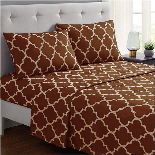 3 PCs Double Bed Sheet -Brown Geometric Bed Sheets Apricot