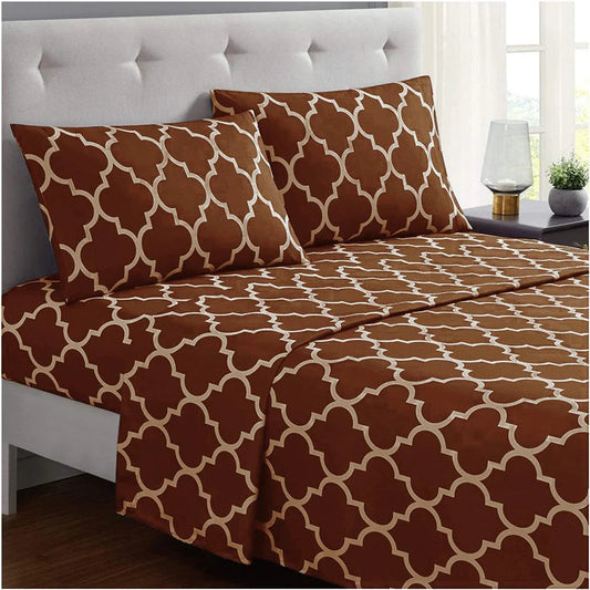 3 PCs Double Bed Sheet-Brown Geometric Bed Sheets Apricot